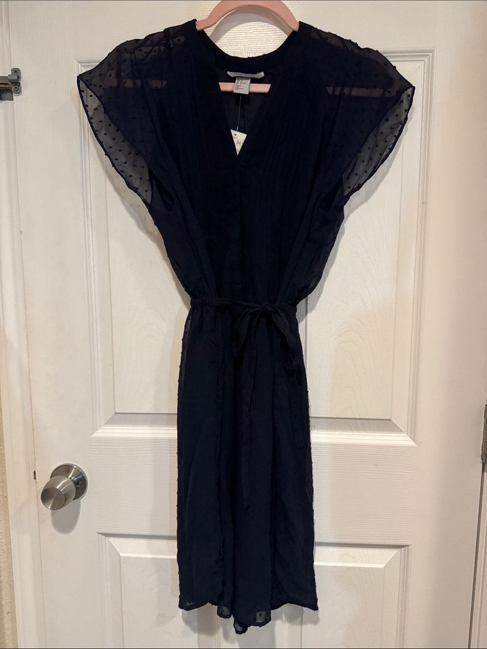 8 H&M Black Sheer Swiss Dot Cap Sleeve Belted Midi Dress